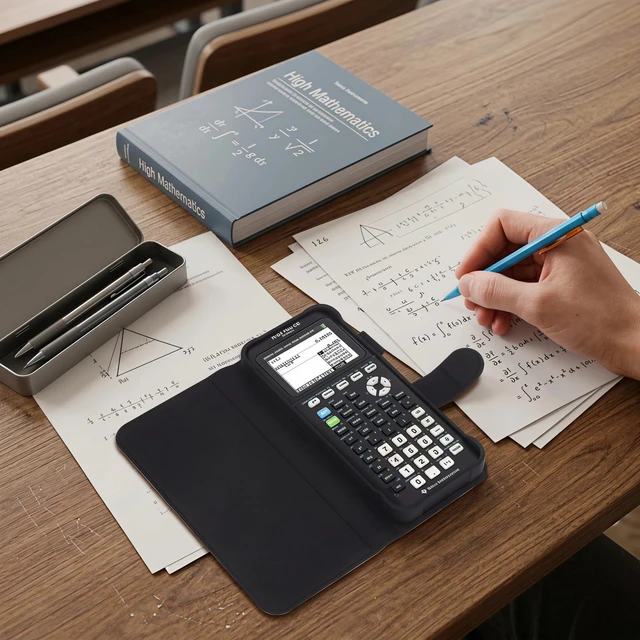 Alt view image 3 of 7 - Leather Flip Case for Texas Instruments TI-84 Plus CE Color Graphing Calculator with Pen Holder & Screen Protector, Streamlined Protection for Graphing Calculator (Black)