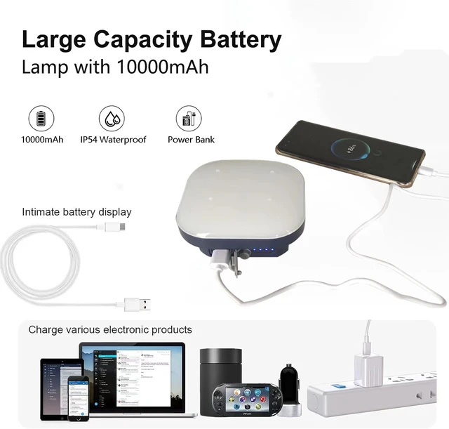 Alt view image 2 of 6 - 4 inch LED Camping Lights Rechargeable 1500LM 10000mAh up to 120 Hours Running, 4 Light Modes, IP54 Waterproof,Magnetic Base for Hurricane Emergency, Outdoor, Hiking, Home and Car(30W)