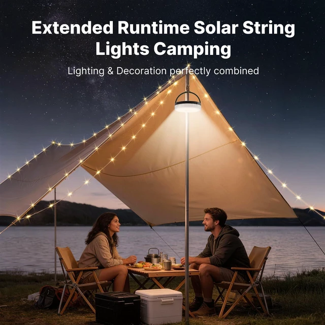 Alt view image 2 of 7 - Solar Camping String Lights, 5400mAh/ 49.2FT/ 11 Modes Rechargeable | Camping Lights Outdoor/Indoor, 4-in-1 Quick Storage Fairy Tent Lights Portable LED Lamp for Patio Yard Party Decor Essentials