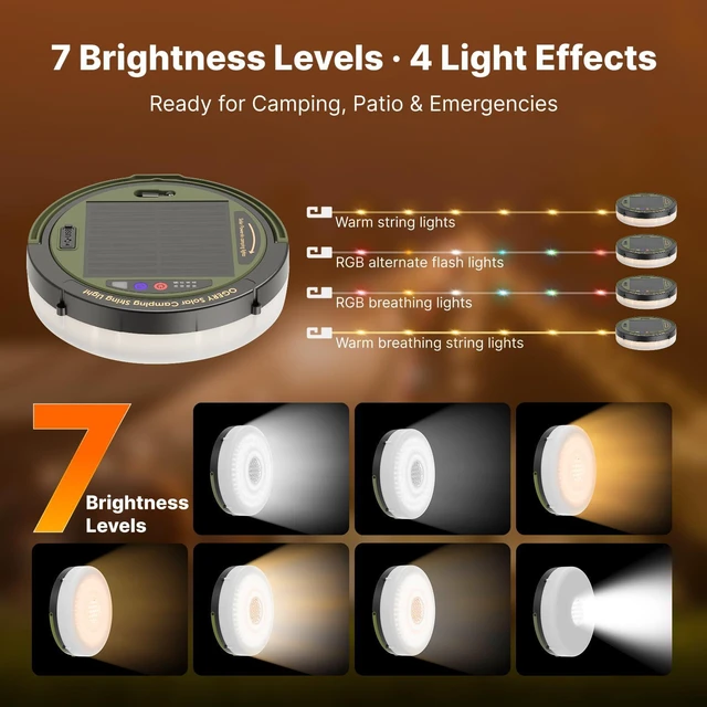 Alt view image 3 of 7 - Solar Camping String Lights, 5400mAh/ 49.2FT/ 11 Modes Rechargeable | Camping Lights Outdoor/Indoor, 4-in-1 Quick Storage Fairy Tent Lights Portable LED Lamp for Patio Yard Party Decor Essentials