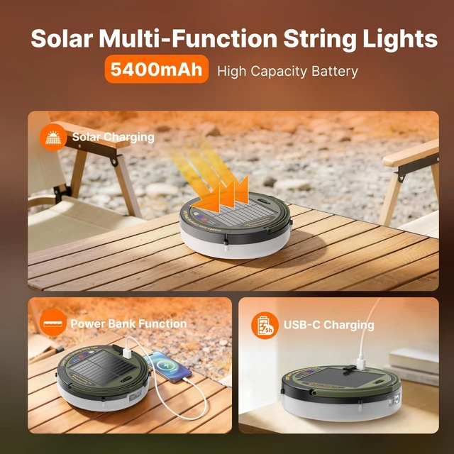 Alt view image 4 of 7 - Solar Camping String Lights, 5400mAh/ 49.2FT/ 11 Modes Rechargeable | Camping Lights Outdoor/Indoor, 4-in-1 Quick Storage Fairy Tent Lights Portable LED Lamp for Patio Yard Party Decor Essentials