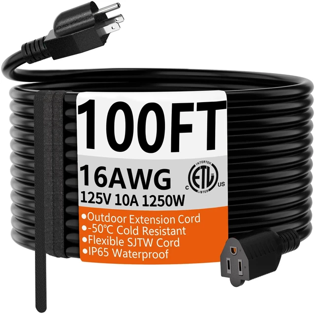 Main image of Black Extension Cord 100 FT, 16 Gauge, Outdoor Electric Cable | 100 FT 16AWG 3 Prong Extension Cord Black, Appliance Extension Cord Waterproof with Strap, 13A 1625W SJTW, ETL Listed