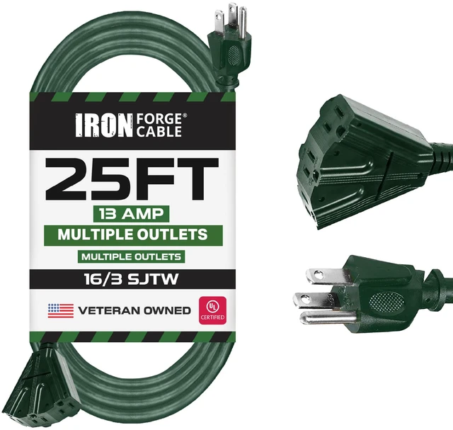 Main image of 25 Foot Outdoor Extension Cord with 3 Electrical Power Outlets - 16/3 SJTW Durable Green Extension Cable with 3 Prong Grounded Plug for Safety