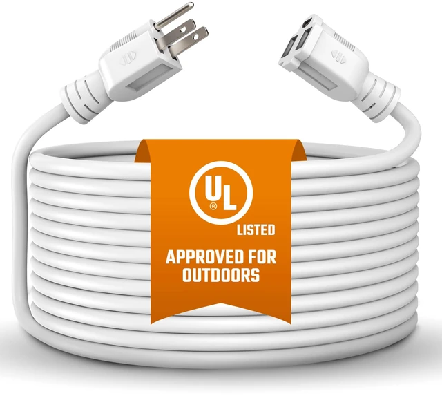 Main image of Heavy Duty Extension Cord/Wire Power Cable, Indoor/Outdoor, 16/3, Single Outlet, 25 Feet, UL Listed, White