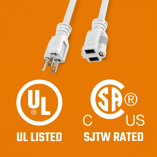 Alt view image 6 of 7 - Heavy Duty Extension Cord/Wire Power Cable, Indoor/Outdoor, 16/3, Single Outlet, 25 Feet, UL Listed, White