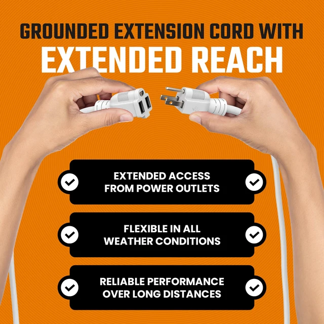 Alt view image 7 of 7 - Heavy Duty Extension Cord/Wire Power Cable, Indoor/Outdoor, 16/3, Single Outlet, 25 Feet, UL Listed, White