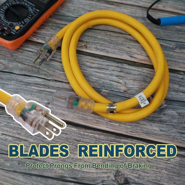 Alt view image 3 of 7 - 25 Ft 10/3 SJTW Lighted Outdoor Extension Cord, Yellow | 10 Gauge Heavy Duty Extension Cable , 3 Prong Grounded Plug, Safety, ETL Listed