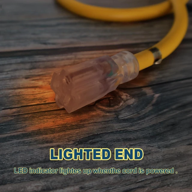 Alt view image 4 of 7 - 25 Ft 10/3 SJTW Lighted Outdoor Extension Cord, Yellow | 10 Gauge Heavy Duty Extension Cable , 3 Prong Grounded Plug, Safety, ETL Listed