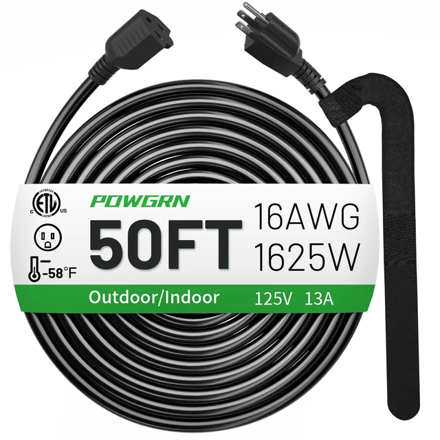 Main image of 50 FT 16 Gauge Indoor/Outdoor Extension Cord Waterproof, Black | Waterproof, 50 Foot 3 Prong Electric Cable SJTW, Cold Weatherproof -50°C, 13A 1625W 16AWG, ETL Listed