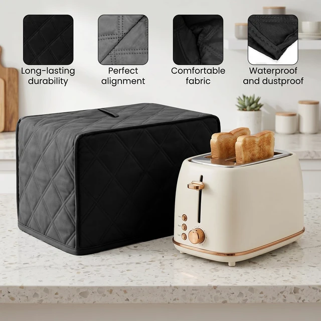Alt view image 3 of 7 - 2 Slice Toaster Cover, Quilted Polyester Toaster Covers 2 Slice Wide Slot, Dust-proof Universal Size Covers for Small Kitchen Appliance(Black)