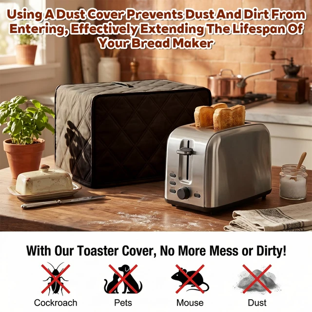 Alt view image 4 of 7 - 2 Slice Toaster Cover, Quilted Polyester Toaster Covers 2 Slice Wide Slot, Dust-proof Universal Size Covers for Small Kitchen Appliance(Black)