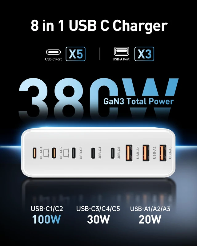 Alt view image 2 of 6 - 380W USB C Charger Block with 4 USB Cables Dual 100W Charging Station | 8-Port USB C Charging Station Laptop Charger Fast Type C Charging Block