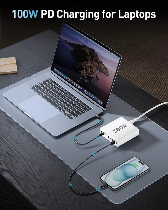 Alt view image 3 of 6 - 380W USB C Charger Block with 4 USB Cables Dual 100W Charging Station | 8-Port USB C Charging Station Laptop Charger Fast Type C Charging Block