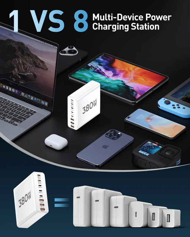 Alt view image 5 of 6 - 380W USB C Charger Block with 4 USB Cables Dual 100W Charging Station | 8-Port USB C Charging Station Laptop Charger Fast Type C Charging Block