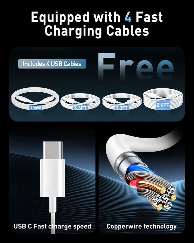 Alt view image 4 of 6 - 380W USB C Charger Block with 4 USB Cables Dual 100W Charging Station | 8-Port USB C Charging Station Laptop Charger Fast Type C Charging Block