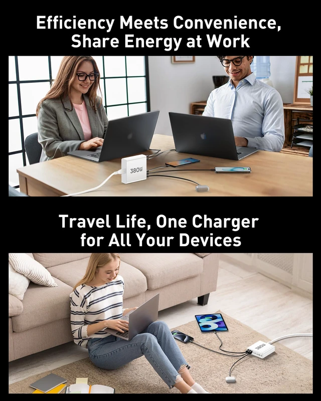 Alt view image 6 of 6 - 380W USB C Charger Block with 4 USB Cables Dual 100W Charging Station | 8-Port USB C Charging Station Laptop Charger Fast Type C Charging Block