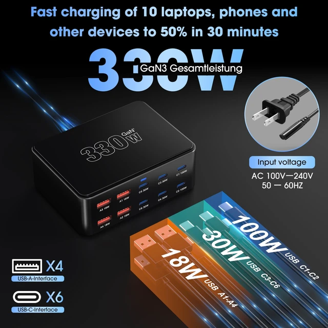 Alt view image 2 of 7 - 330W USB C Charging Station with Dual 100W USB C Charging Port 10-Port USB C Charging Station Laptop Charger Fast Type C Charging Block for MacBook Pro
