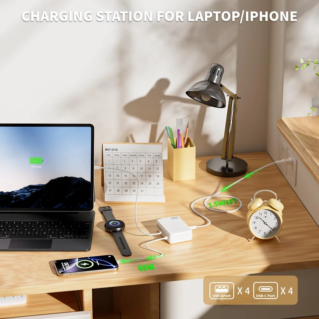 Alt view image 4 of 7 - USB C Charger Block,200W TypeC Charger Fast Charging,8Port Charging Station | USB C & A GaN III Desktop Hub Block Laptop Adapter for Apple iPhone Air/17/16/15, iPad Pro/Air/Mini, MacBook Pro/Air
