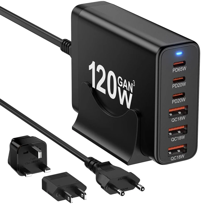 Main image of European USB C Charger Station Fast Charging Hub Europe Travel Power Plug Multiple 6 Multi Port,120W GaN PD QC Block,EU UK US Adapter for Apple iPhone Samsung Pixel,65W Laptop MacBook Pro Air Surface