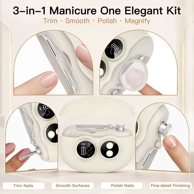 Alt view image 5 of 7 - Electric Nail Clipper, 3 in 1 Electric Nail Clippers with Interchangeable Heads, Built-in Magnifier, Dual Polishing Modes, LCD Display, Debris Storage, for Adults, Kids