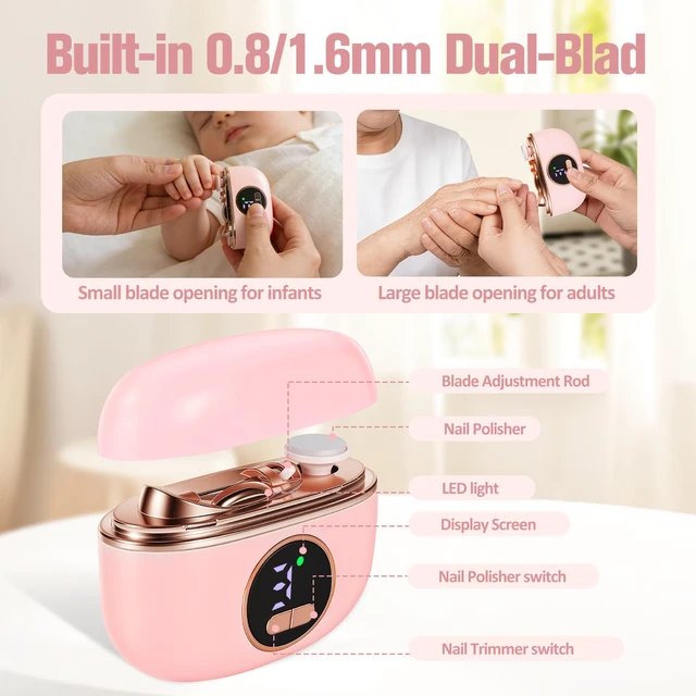 Alt view image 2 of 6 - Electric Toenail Clippers for Seniors Automatic Nail Clipper Pink | Fingernail & Toenail Trimmer with LED Light, Safe Nail Cutter for Adults Elderly Men Women, Portable Rechargeable Nail Care