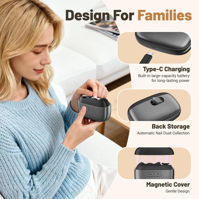 Alt view image 6 of 7 - Electric Nail Clipper, Upgraded 3 in 1 Electric Polishing Automatic Nail Clippers with Magnetic Lid USB Rechargeable Portable Smart Nail Clipper for Thick Toenails Seniors, Adults (Black)