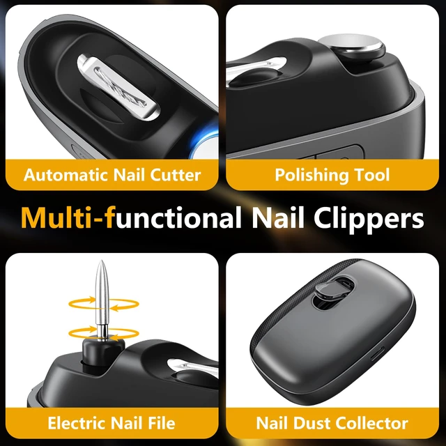 Alt view image 5 of 7 - Electric Nail Clipper, 3-in-1 Automatic Nail Trimmer | Cordless Automatic Nail Trimmer with Adjustable Speed, Polishing, LED Light for Seniors, Adults & Baby (Gray)