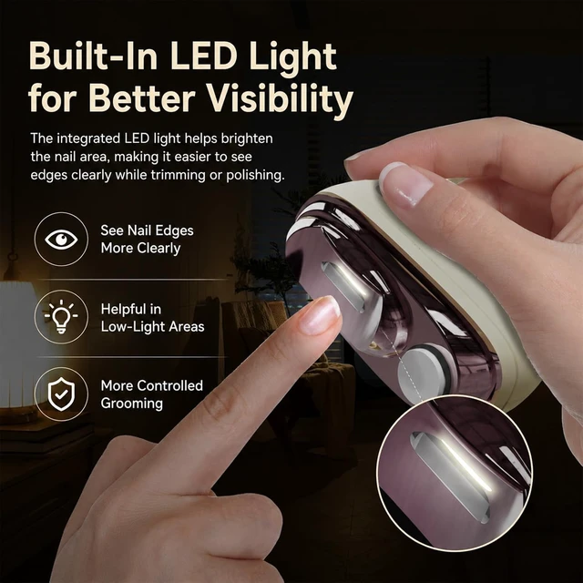 Alt view image 4 of 7 - 2-in-1 Smart Electric Nail Clipper & Polisher,Electric Nail Clipper and Polisher,Automatic Nail Clipper,Rechargeable Automatic Nail Trimmer and Polisher with LED Light,Anti-Pinch DesignYellow