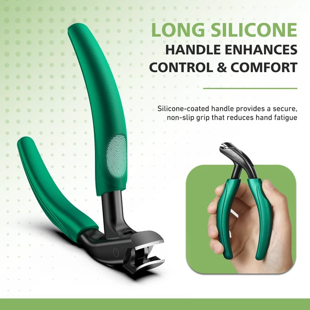Alt view image 4 of 7 - Curved Head Toenail Clippers for Seniors for Thick Toenails, Long Handle Toe Nail Clippers with Catcher, German Stainless Steel Angled Nail Clippers with Silicone-Grip - Green