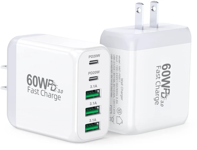 Main image of USB C Wall Charger Block, 2Pack 60W 5-Port C Charger Fast Charging Block | PD Power Adapter +QC Multiport Type C Box Brick Cube USB A Wall Plug for iPhone 16/15/14 Pro Max Plus, iPad,Samsung Galaxy