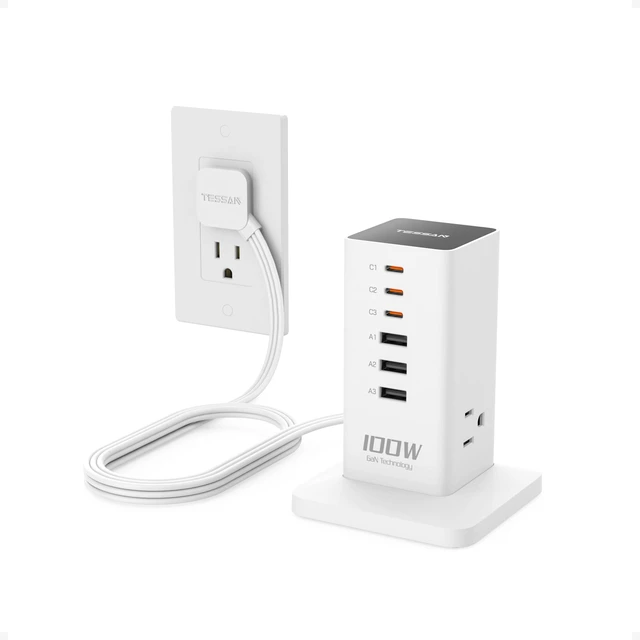 Main image of 100W USB Charging Station for Multiple Devices 9-in-1 USB Charger | Desktop Accessories with 3 AC Outlet, 3 USB C, 3 USB A for iPhone 17/16/15, MacBook, Tablet, Home Drom Office, White