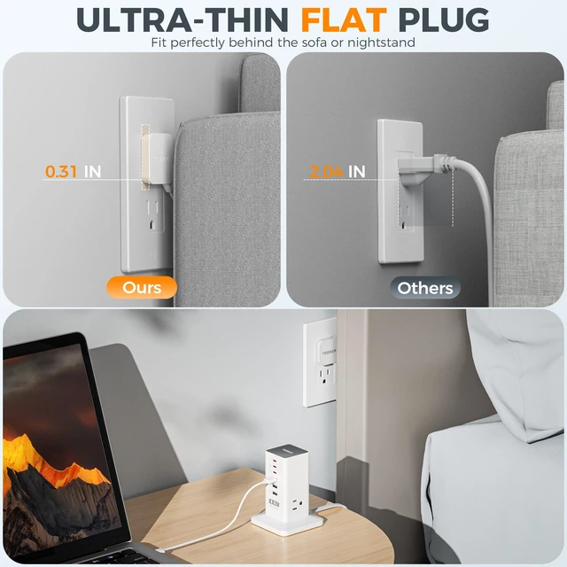 Alt view image 2 of 6 - 100W USB Charging Station for Multiple Devices 9-in-1 USB Charger | Desktop Accessories with 3 AC Outlet, 3 USB C, 3 USB A for iPhone 17/16/15, MacBook, Tablet, Home Drom Office, White