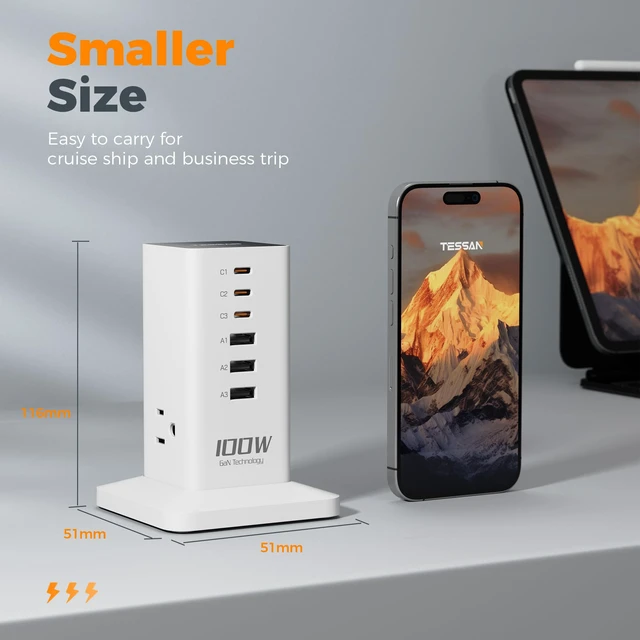 Alt view image 6 of 6 - 100W USB Charging Station for Multiple Devices 9-in-1 USB Charger | Desktop Accessories with 3 AC Outlet, 3 USB C, 3 USB A for iPhone 17/16/15, MacBook, Tablet, Home Drom Office, White
