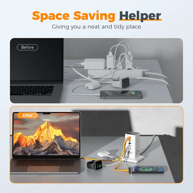 Alt view image 5 of 6 - 100W USB Charging Station for Multiple Devices 9-in-1 USB Charger | Desktop Accessories with 3 AC Outlet, 3 USB C, 3 USB A for iPhone 17/16/15, MacBook, Tablet, Home Drom Office, White