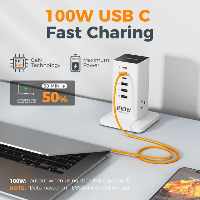 Alt view image 4 of 6 - 100W USB Charging Station for Multiple Devices 9-in-1 USB Charger | Desktop Accessories with 3 AC Outlet, 3 USB C, 3 USB A for iPhone 17/16/15, MacBook, Tablet, Home Drom Office, White