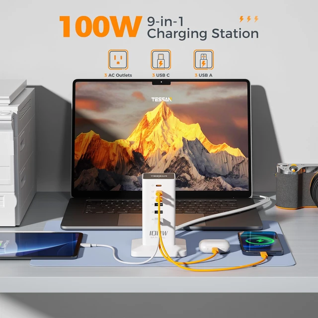Alt view image 3 of 6 - 100W USB Charging Station for Multiple Devices 9-in-1 USB Charger | Desktop Accessories with 3 AC Outlet, 3 USB C, 3 USB A for iPhone 17/16/15, MacBook, Tablet, Home Drom Office, White