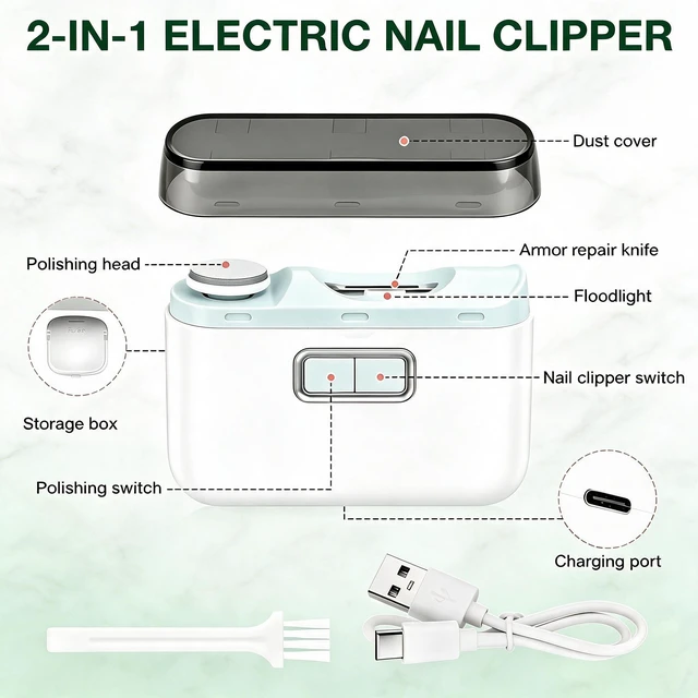 Alt view image 3 of 7 - Electric Nail Clippers, Upgraded 2 in 1 Automatic Rechargeable Nail Trimmer, with LED Light,Nail File & Dust Storage, Low Noise, Portable Manicure Kit Safe for Kids,Adults & Seniors (White)