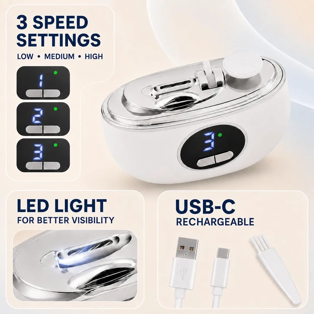 Alt view image 2 of 5 - Electric Nail Clipper Upgraded 3-in-1 Automatic Nail Trimmer with LED Light,Automatic Nail Clipper with Nail Debris Storage Rechargeable Electric Nail Clippers for Seniors and Everyday Nail Care White
