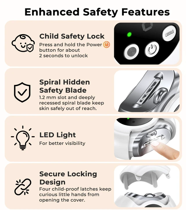 Alt view image 4 of 7 - Electric Nail Clippers for All Ages, Rechargeable Safety Grinder, Pinch-Free Auto Trimmer with Debris Catcher, 3-Speeds Nail File and Polisher with LED Light, Quiet Care for Baby, Seniors and Adults