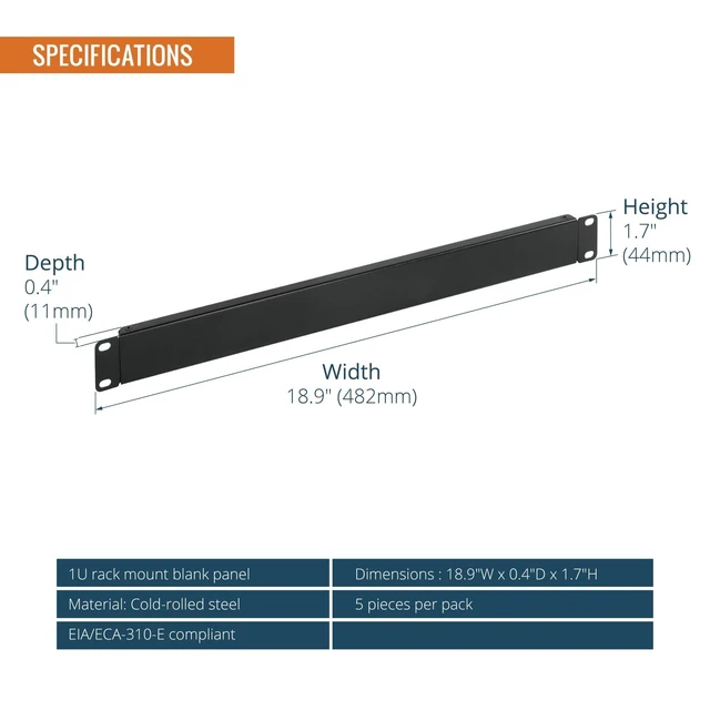 Alt view image 2 of 6 - 1U Rack Blank Panel, Solid Rack Mount Plate for 19in Server Network Rack Enclosure/Cabinet, Black,5 Pack