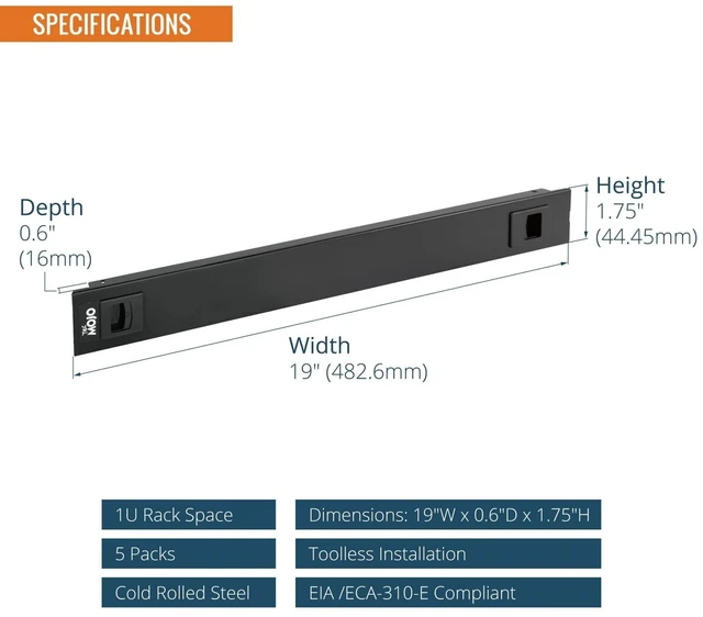 Alt view image 2 of 7 - 5 Pack 1U Rack Blank Panel, Cold Rolled Steel Rack Panel, Rack Mount Plate for 19 in Server Rack Enclosure or Network Cabinet, Snap-in Type Mounting, Black