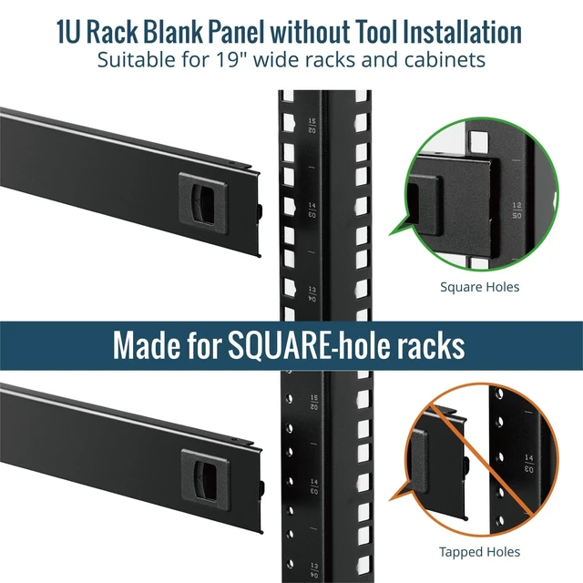 Alt view image 3 of 7 - 5 Pack 1U Rack Blank Panel, Cold Rolled Steel Rack Panel, Rack Mount Plate for 19 in Server Rack Enclosure or Network Cabinet, Snap-in Type Mounting, Black