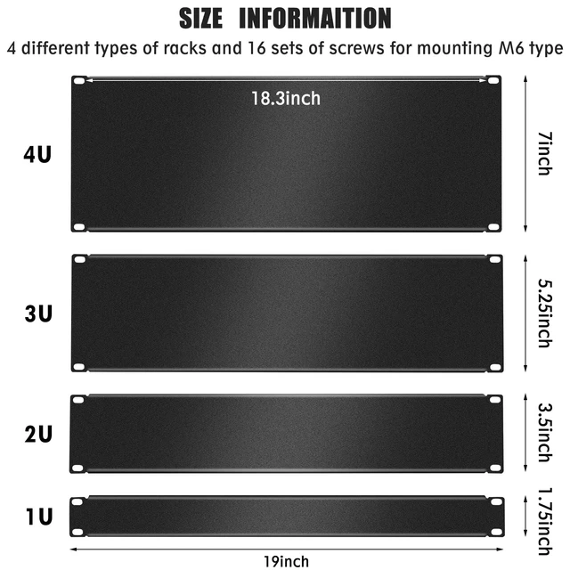 Alt view image 2 of 7 - 4 Pack 1U/2U/3U/4U Blank Panel 1U Blanking Panel Metal Disassembled Blank Panel Rack Mount Filler Panel for Server Rack Enclosure or Network Cabinet, Black, 4 Size