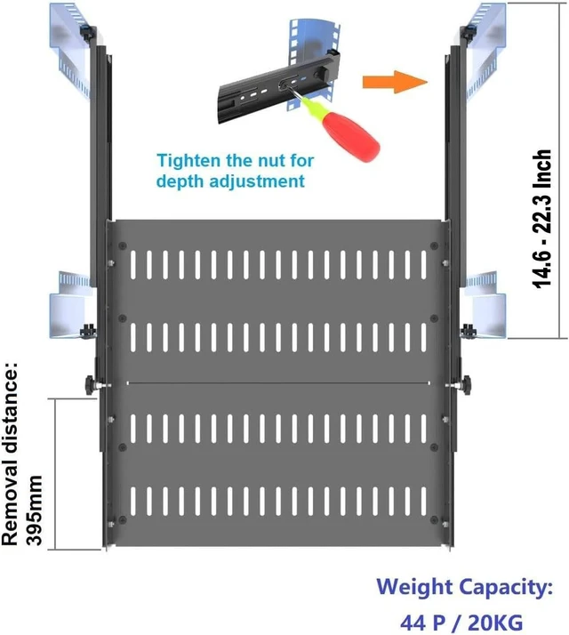 Alt view image 2 of 7 - 1U 19 inch Sliding 4-Post Vented Rack Mount Tray 14.6-22.3" D | Server Rack Shelf 16-20" Deep with Adjustable Mounting Deep 14.6"-22.3" for 19" Network Rack and Cabinet,Unassembled