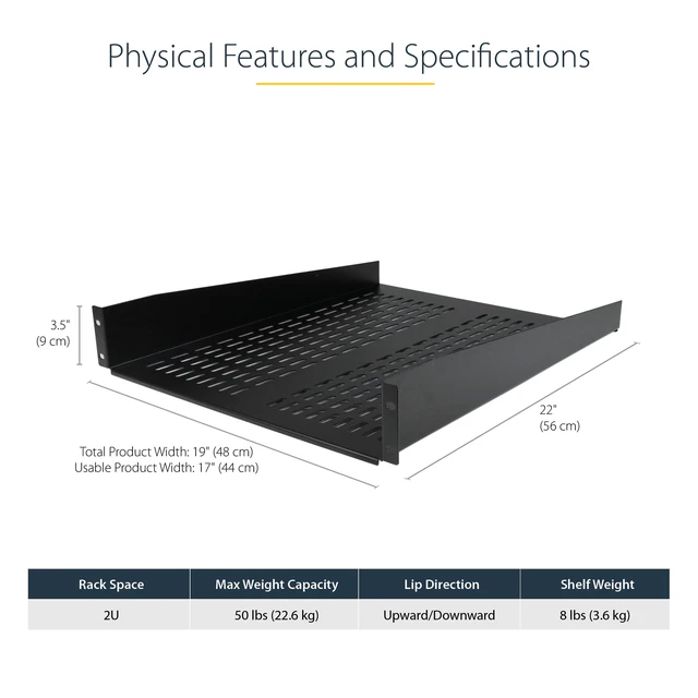 Alt view image 2 of 6 - 2U Server Rack Shelf - Universal Vented Rack Mount Cantilever Tray for 19" Network Equipment Rack & Cabinet - Heavy Duty Steel - Weight Capacity 50lb/23kg - 22" Deep Shelf (CABSHELF22V)