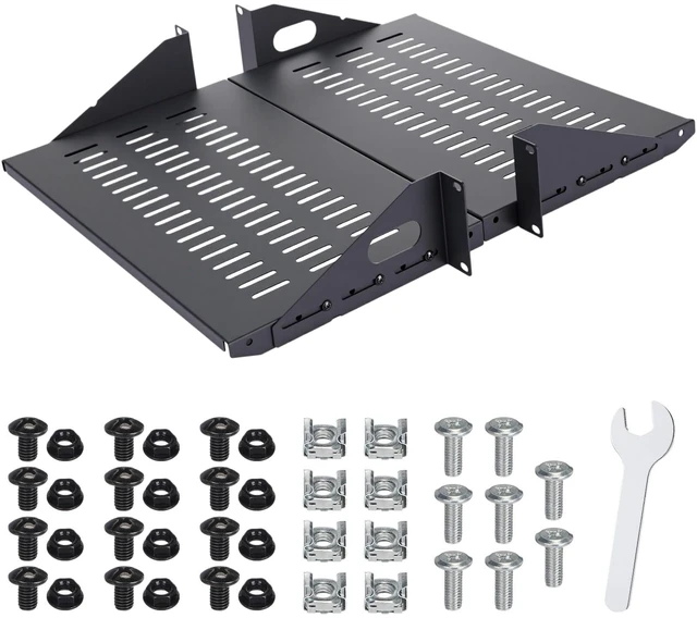 Main image of 2U Cantilever Server Shelf Rack Mount 19 Inch 2 Piece Set Center Weighted Vented Tray for AV Data Network Equipment Enclosure, 110lb Capacity, 10 Inch Deep, Black(2U10InD)