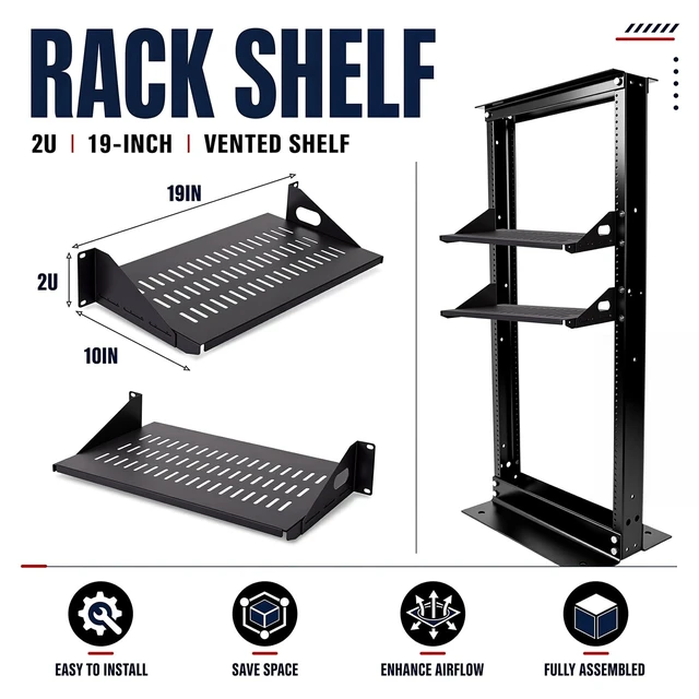 Alt view image 2 of 7 - 2U Cantilever Server Shelf Rack Mount 19 Inch 2 Piece Set Center Weighted Vented Tray for AV Data Network Equipment Enclosure, 110lb Capacity, 10 Inch Deep, Black(2U10InD)