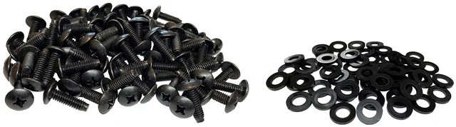 Main image of 12-24 Truss Rack Screws with Washers | Black | 50 Pack | USA-made 12-24 black pilot point rack screws with protective washers for secure server equipment mounting.
