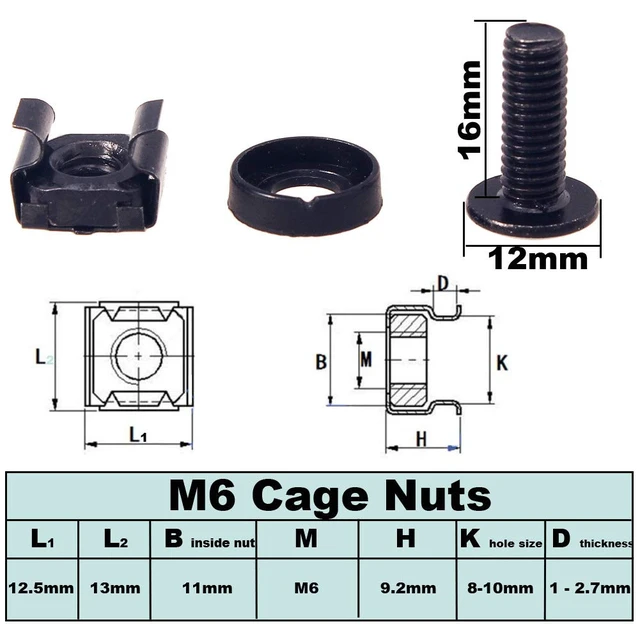 Alt view image 2 of 5 - M6 Cage Nut Kit - 50 Sets Cage Nuts Screws Washers for Server Rack Mounting M6 x 16mm