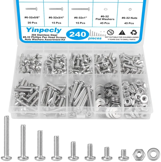 Main image of 240pcs #6-32 Phillips Pan Head Machine Screws Nuts Washers Kit | 304 Stainless Steel, Coarse Thread, Fully Machine Thread(#6-32x 3/16", 1/4", 5/16", 3/8", 1/2", 5/8", 3/4", 1")